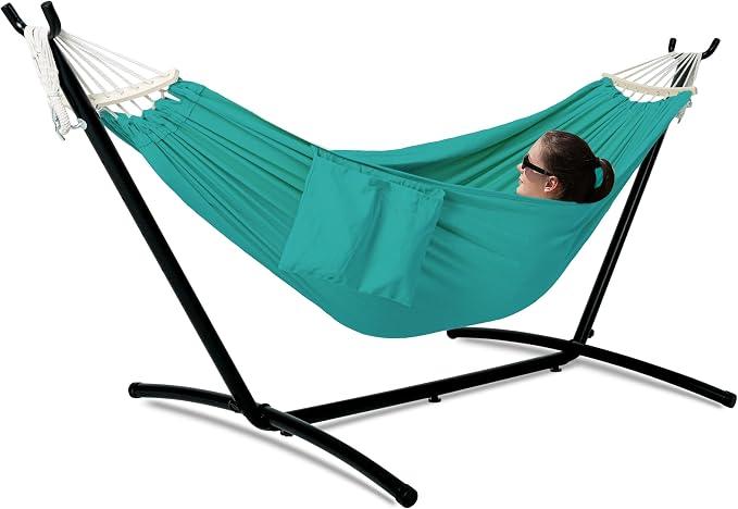 GAFETE Double Hammocks with Stand for Outside, Max 600lbs, (Aqua Blue)