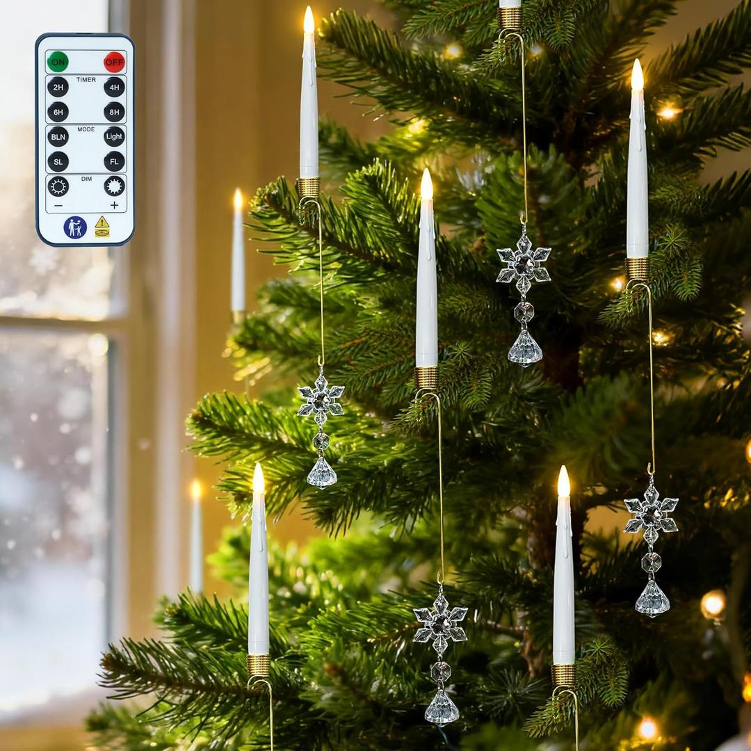 FREEPOWER 12PCS Flameless Christmas Tree Candles with RemoteBattery Operated Flickering Candles Christmas Tree Lights,LED Taper Candle for Home Parties Birthday Gift with Snowflake Hook (White)