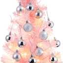 Sumind 24 Inch/2 ft Mini Pink Christmas Tree with Lights Tabletop Christmas Tree with 24 Pcs Ball Ornament Star DIY Pre-lit Small Artificial Pine for Xmas Table Home Indoor Decor(Silver Balls)