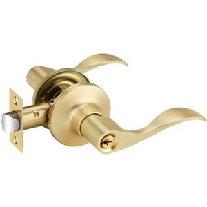 Bonpoly 1 Pack Gold Door Handles, Keyed Alike Entry Door Handle with Lock and Key, Brass Interior Door Handle for Living or Bedroom, Wave Door Lever for Right Handing Doors