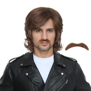 Miss U Hair Men 70s Short Wavy Brown Wig with Mustache Hippie Rocker Wig Cosplay Costume Outfit