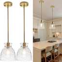Gold Pendant Lights Kitchen Island 2 Pack, Modern Brushed Gold Pendant Light Fixtures with Hammered Clear Glass, Adjustable Hanging Light Small Island Lights for Kitchen, Sink, Dining Room, 7.5Inch