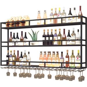 Large Heavy Duty 39in Wine Rack with LED Wall Mounted Bottle Glass Holder Under Shelf, 3-Tiers Liquor Floating Shelves Display Storage Organizer Hanging Long Stemware Goblet Metal for Home Bar (39"x 9.8"x 35", Black)