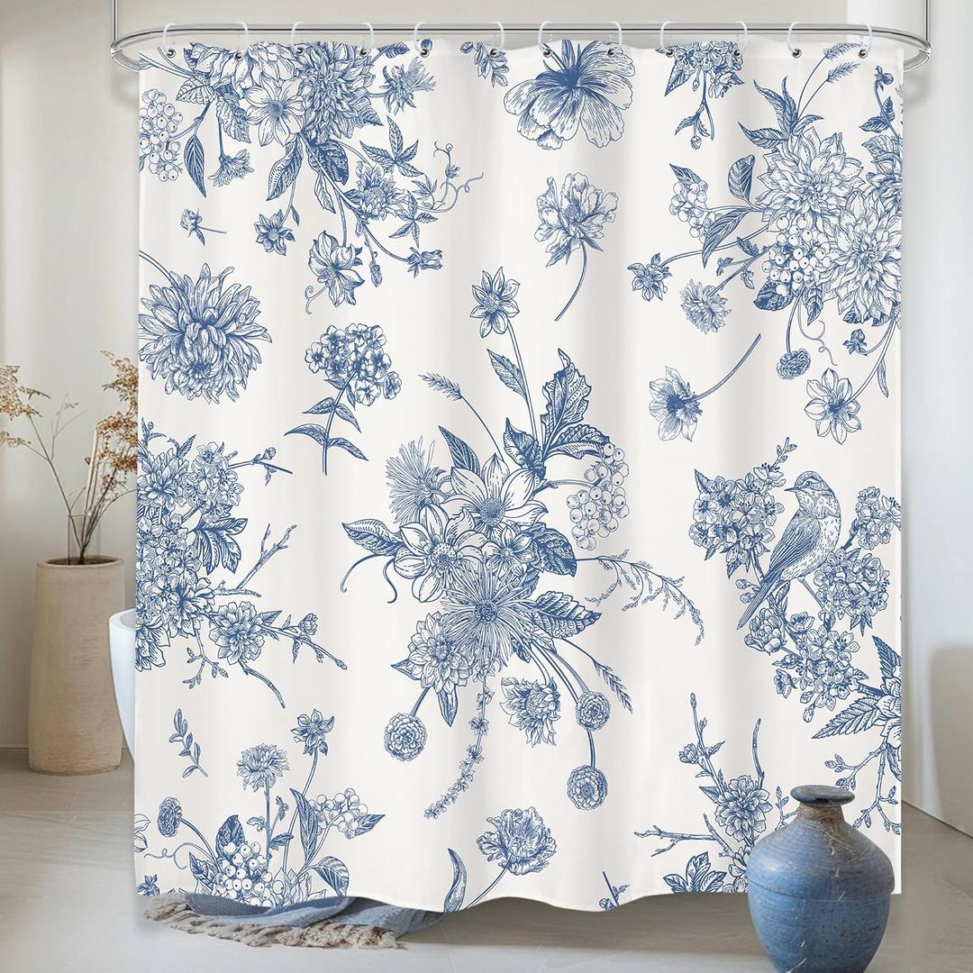 LIGHTINHOME Blue Floral Shower Curtain 72Wx72H Inches,Boho Vintage Navy and White Flowers Bathroom Curtains,Decorative Bird Farmhouse Shower Curtain Set,Chinoiserie Aesthetic Bathroom Decor with Hooks