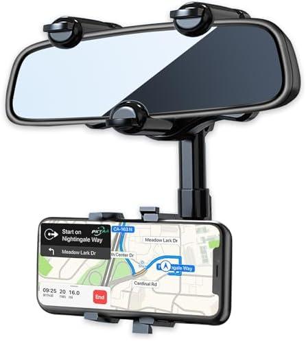 PKYAA Rearview Mirror Phone Holder for Car, 360° Rotating Rear View Mount with Adjustable Arm Length, Multifunctional and GPS Universal Car All Smartphones