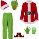 7PCS Christmas Green Monster Costume, Christmas Santa Suit for Adult Men with Mask (3X-Large)
