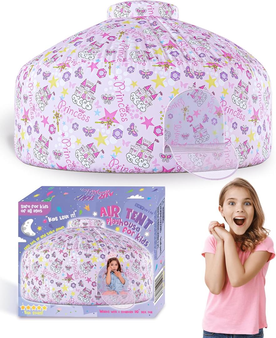 Skywin Fairy Fort Air Tent for Kids with Door (77 x 50) Builds in 30 Seconds, Toddler Tents Indoor for Imaginative Play, Kids Forts Indoor Playhouse,Christmas or Birthday Gift (Fan Not Included)