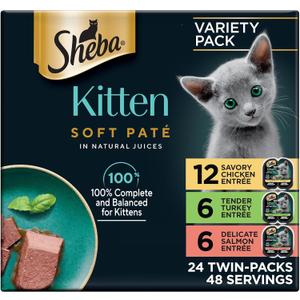 Sheba Perfect Portions Kitten Wet Cat Food Pate Chicken Entree, Salmon Entree, and Turkey Entree, 2.6 oz. Twin-Pack Trays (24 Count, 48 Servings), No BB Date