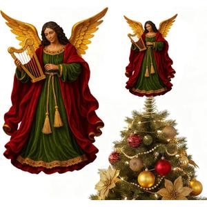 10 Inch Black Angel Christmas Tree Topper Burgundy Vintage Wooden Angel Tree Topper Double-Sided Printing Christmas Decorations for Xmas Party Holiday Decor