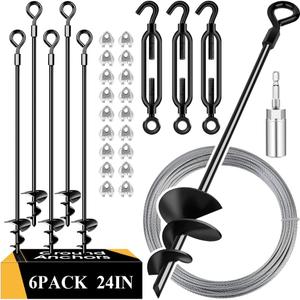 24in 6 Pack Ground Anchors with 3/16" Galvanized Cable Shed Anchor Kit, Trampoline Stakes Anchors High Wind  Ideal for Canopies, Sheds, Car Ports, Swing Sets Gazebo Greenhouse (24 in of 6 Pcs)