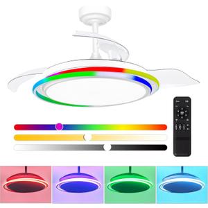 Retractable Ceiling Fan, 42 Inch Ceiling Fans with Lights and Remote, White RGB Ceiling Fan with 6 Speeds Reversible Blades, Modern Ceiling Fan for Bedroom Living Room Kitchen