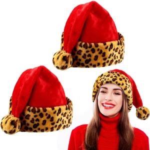 Eurzom 2 Pcs Christmas Santa Hat Furry Xmas Hat with Comfort Lining and Brim Large Unisex Plush Santa Cap for Women Men (Large Simple Style, Red Leopard)