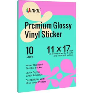 Uinkit Premium Vinyl Sticker for Inkjet Printer 11x17 inch Glossy White Sticker Paper 10Sheets Waterproof Label Vivid Color,Tear-Resistant, Removable