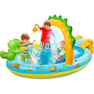SULIFEEL Dinosaurs Inflatable Play Center Kiddie Pool with Slide and Sprinkler for Children, 96''x59''x39'' Baby Pool for Backyard and Garden