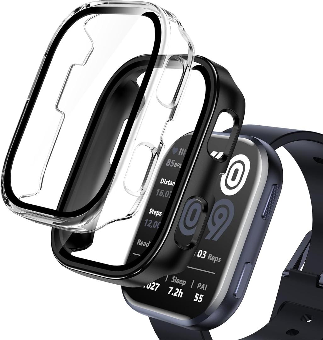 EWUONU 2 Pack Compatible with Amazfit Bip 6 Case, Tempered Glass Screen Protector with Hard PC Bumper Cover HD Anti-Scratch Full Protective Cover for Men Women Watch Accessories, Black+Clear