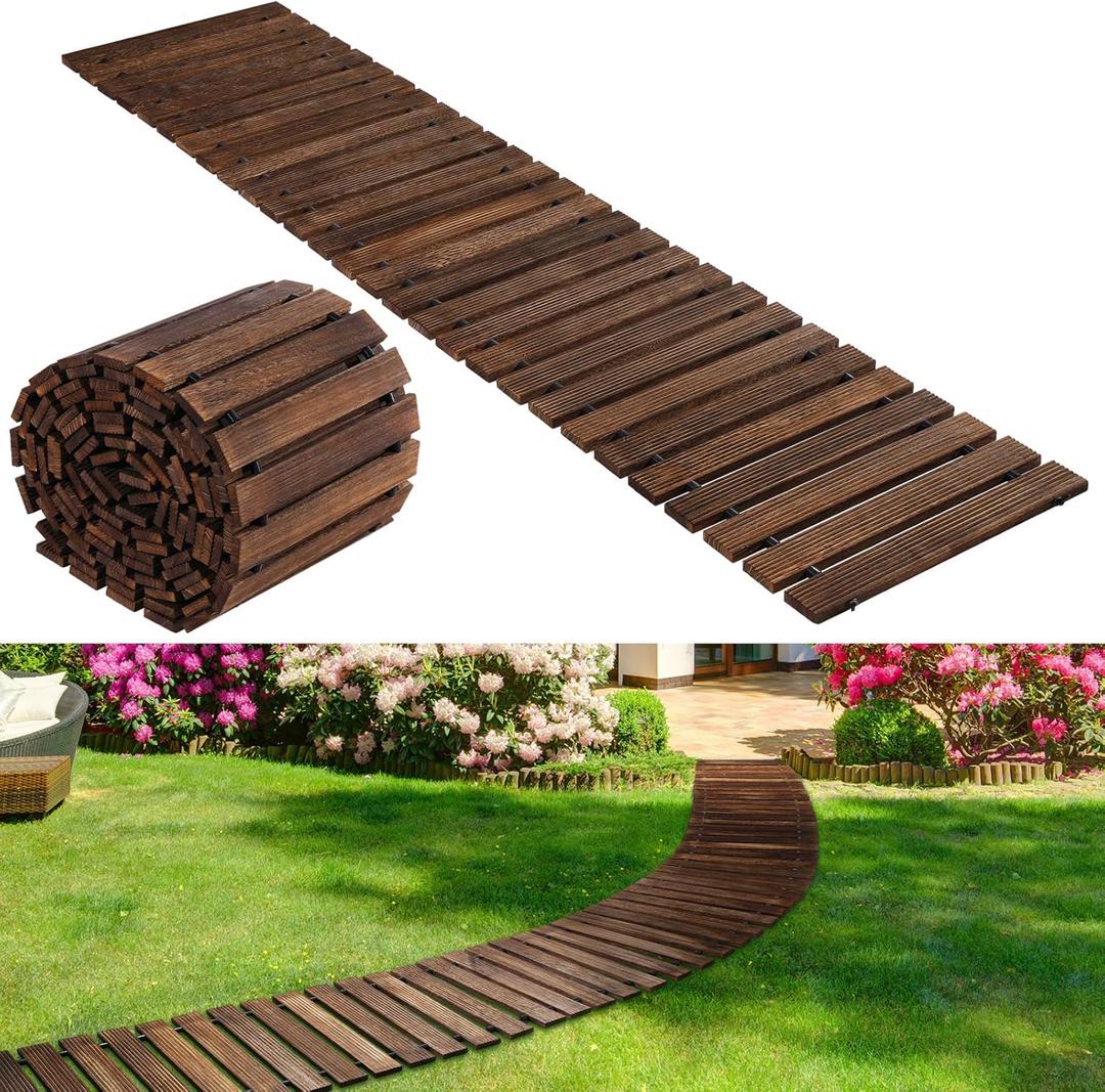 Landical 24ft Wooden Garden Pathway with Non Slip Surface Roll Out Boardwalk Walkways Road Floor Pathway Rustic Path Decorative Patio Pavers for Outdoor Garden Beach Wedding Party (Brown)