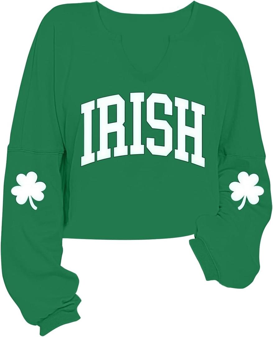 Women's St. Patrick's Day Sweatshirts Long Sleeve Crop Cute Shamrock Clover V Neck Shirts Graphic Top(Green, XL)