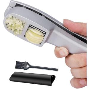 Garlic Press 2-in-1 Mincer, Crusher and Slicer with Peeler & Brush  Rustproof, Dishwasher Safe, Ergonomic Handle for Easy Squeeze and Cleaning