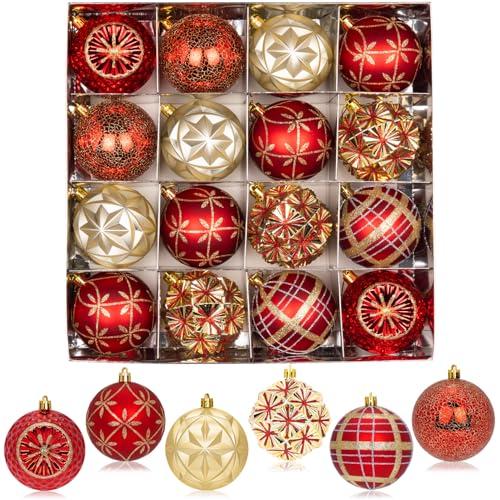 3.15" Red Gold Christmas Ball Ornaments Set, 16ct Luxury Hand-Painted Shatterproof Large Hanging Bulbs, Bulk for Xmas Tree Wreath Holiday Decoration