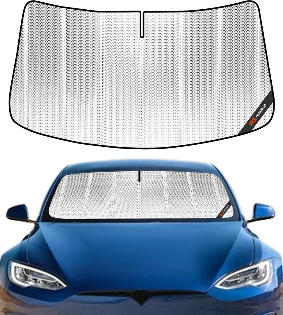 Pigenius Windshield Sun Shade for Tesla Model S 2012-2025. Full Coverage Rearview Mirror Shade for Ultimate Protection