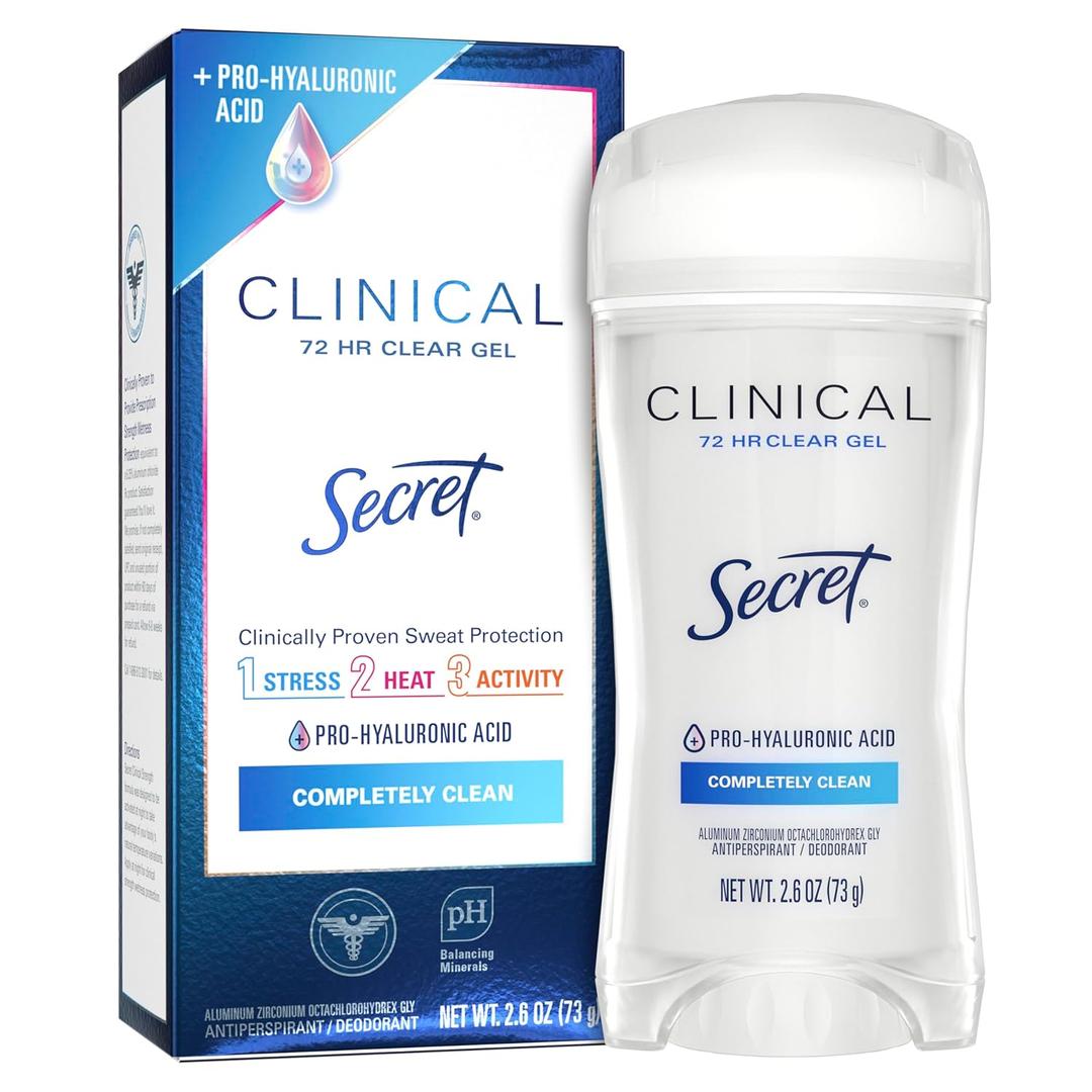 Secret Clinical Strength Antiperspirant Deodorant for Women, 3X Stress Protection, 72hr Sweat & Odor Protection, PH Balancing Minerals, Clear Gel, Completely Clean Scent, 2.6 oz (2.6 Ounce (Pack of 1))