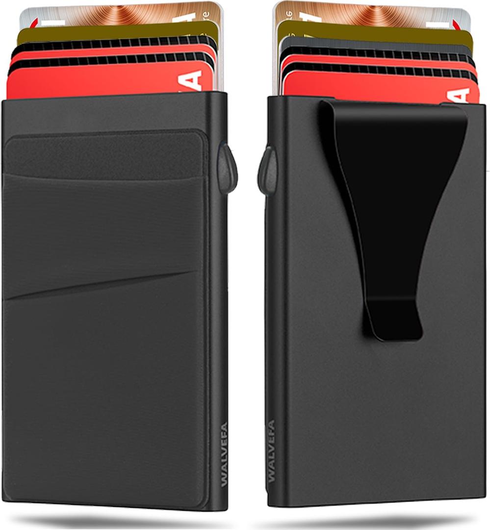 Slim Wallet for Men, Pop Up Card Holder Wallet RFID Blocking, Minimalist Metal Bussiness Credit Card Wallet with Money Clip & Pockets, Aluminum Thin Front Pocket Wallet (Black)