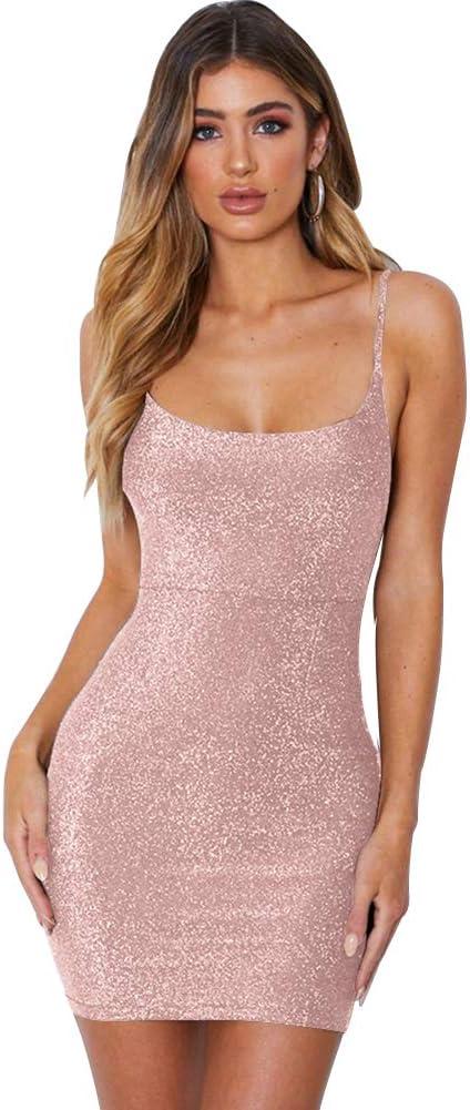 FV RELAY Womens Sexy Sparkely Glittery Straps Backless Bodycon Mini Club Party Wrap Dress (S, Pink)
