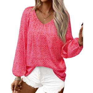 2 x Zenlonr Womens Summer Tops Dressy Casual 2026 V Neck Satin Silk Printed Shirts Boho Long Sleeve Work Blouses(Pink Leopard,Small) (Pink, S)