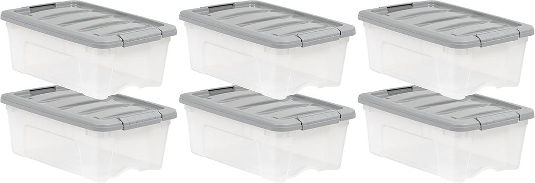 Amazon Basics Plastic Storage Containers with Secure Latching Lids, Stackable Organization Bins for Organizing, Clear/Grey, 12 Quart, Set of 6