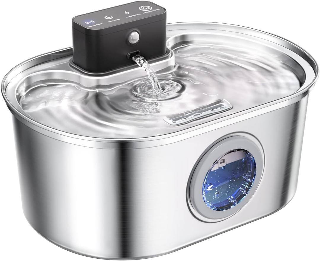 Cat Water Fountain Wireless - Stainless Steel 3.2L/108oz Cordless Pet Fountain - Battery Operated Automatic Water Dispenser for Cats Indoor, with Motion Sensor & Quiet Pump