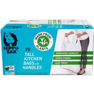 Hippo Sak - Plant Based Tall Kitchen Garbage Bags with Ergonomic Handles - 13 Gallon Trash Bags - Recyclable & Eco Friendly - Super Strong and Leak Proof Tall Kitchen Trash Bags (90 Count)