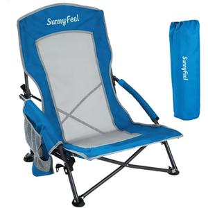 SUNNYFEEL Low Folding Beach Chair for Adults, Portable Lightweight Sling Beach Camping Chairs with Cup Holder, Armrest,Foldable Camp Lawn Chair for Outdoor Sand Concert Travel Sport Events,300LBS