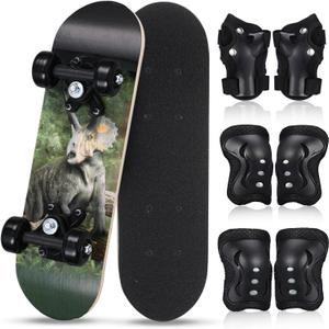 Honoson 7 Pcs Skateboard for Toddlers Beginners Knee Elbow Pads Wrist Guards Gear Set(Triceratops,Age 2-5 Kids 17 x 5'')