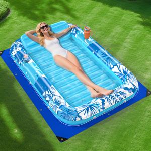 Inflatable Tanning Pool Lounger Float with Protection Tarp, 70" x 46" Pool Floats Adult with Pillow, 6 in 1 Suntan Tub Raft Floatie, Sunbathing Water Bed Lounge Blow Up Kids Ball Pit Party Gifts-Blue (Large)