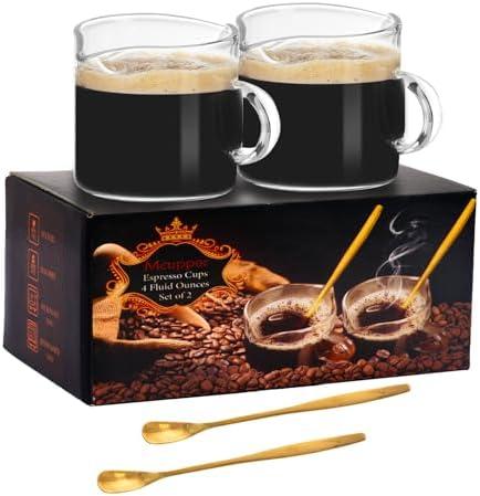 Mcupper 2 Pack Espresso Cups 4 OZ, Double Spouts Cups with Handle and 2 Stainless Steel Spoons, Espresso Shot Glasses, Milk Cup, Clear Glass for Espresso Machine