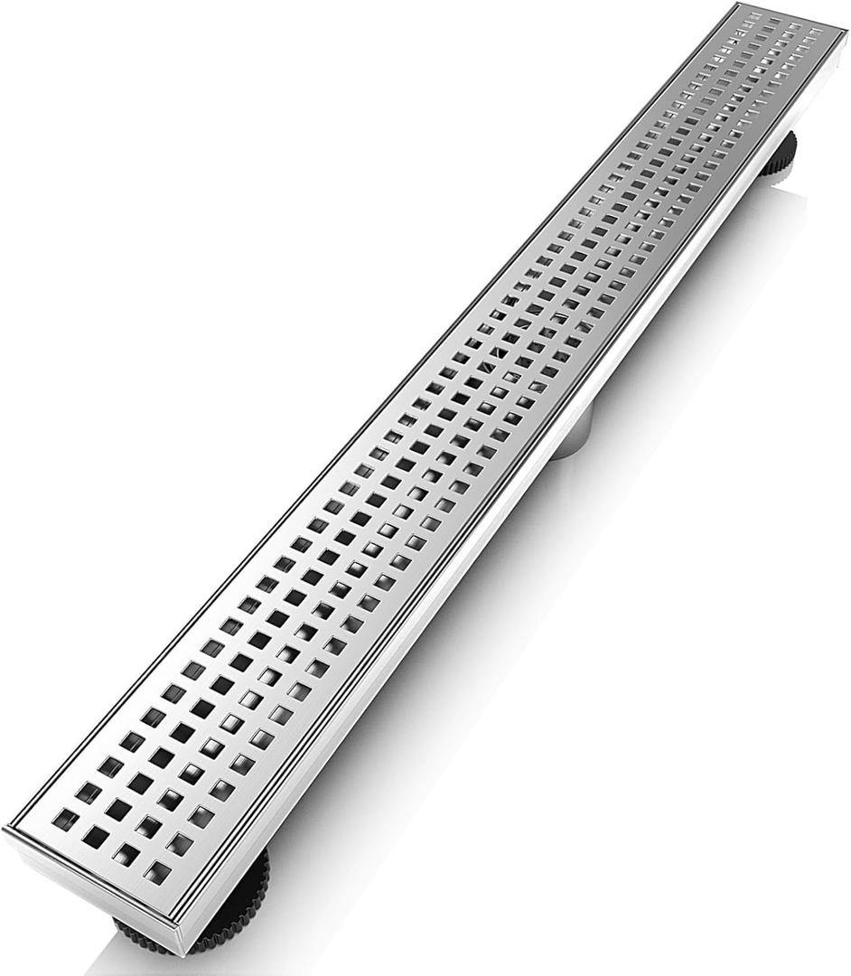 WEBANG 24 Inch Linear Shower Drain Rectangular Floor Drain with Accessories Square Hole Pattern Cover Grate Removable SUS304 Stainless Steel CUPC Certified Brushed Nickel