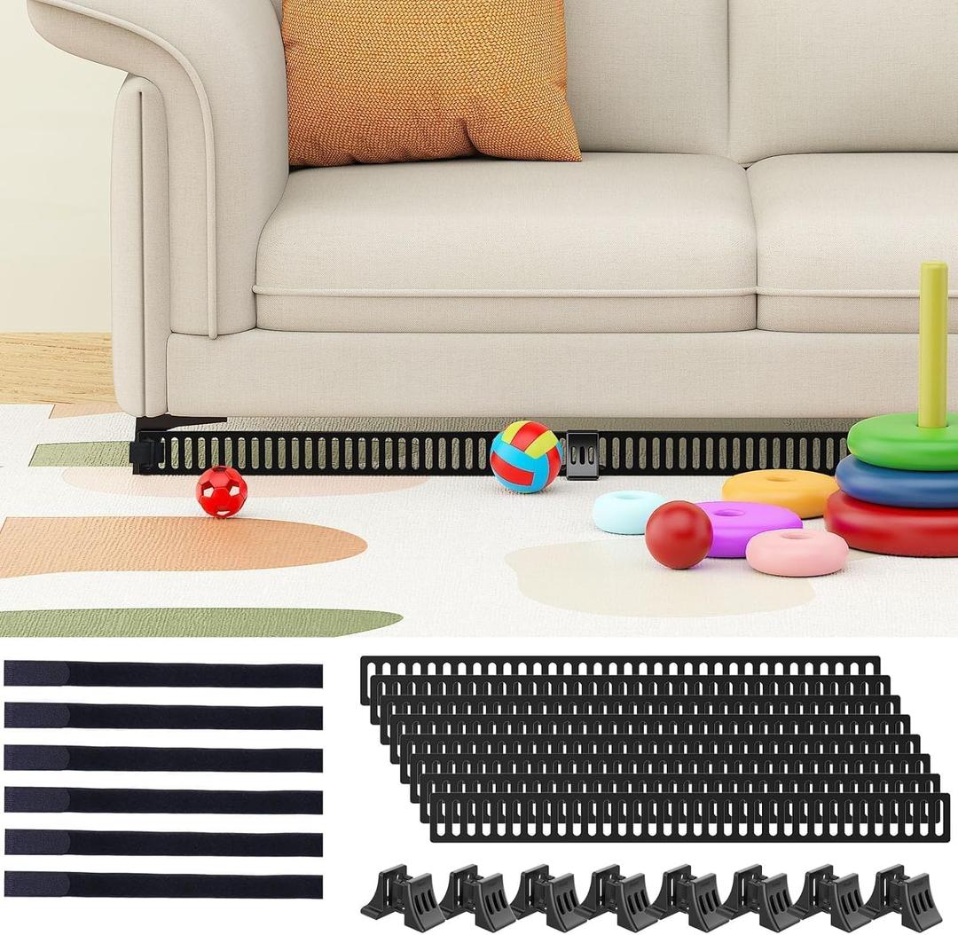 Under Couch Toy Blocker (1.6" H x15.7 L - 8 Pack - Fit Gaps 1.6" to 3.1") with Hook& Loop Secured to Sofa Legs Adjustable Under Sofa Barrier No Glue Stoppers for Kid Pet Toys