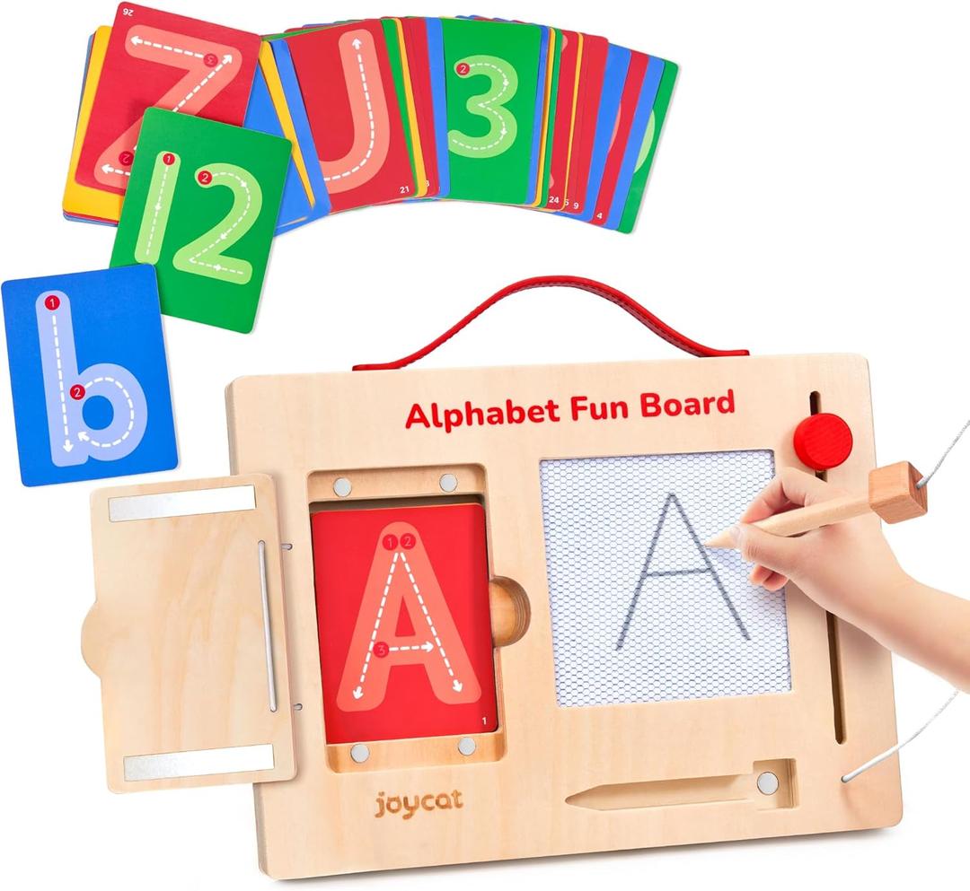 JoyCat Wooden Letter Tracing Board for Toddlers 3-5, Magnetic Alphabet & Number Writing Practice Board with 36 Double-Sided Cards, Reusable Preschool Handwriting Toy, Travel Learning Activity