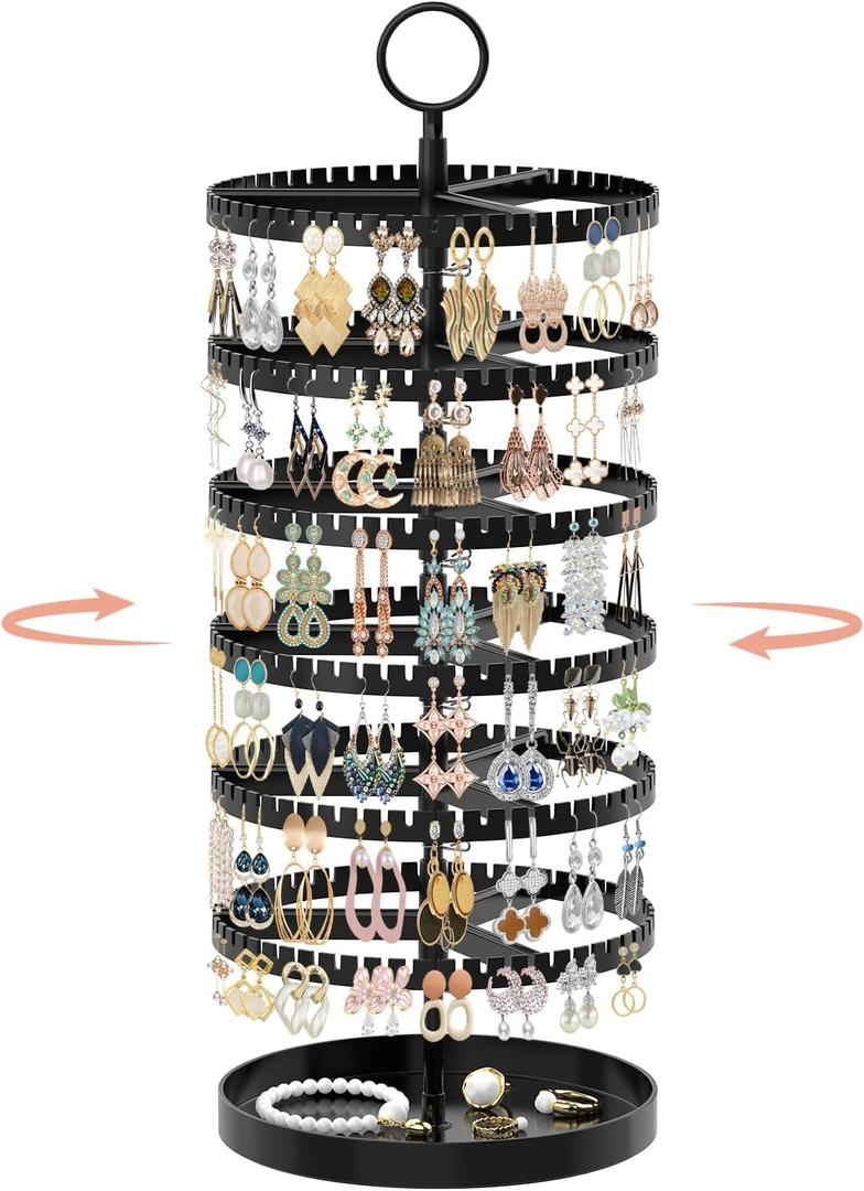 iDavosic.ly 6 Tier Rotating Earring Holder Organizer with Metal Tray, Adjustable Plastic Dangle Display Stands Tree with 342 Grooves, Large Hoop Storage Rack Tower, Black