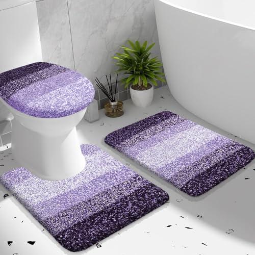 OLANLY Bathroom Rugs Sets 3 piece, Soft Microfiber Absorbent Bath Mat, U-Shaped Contour Toilet Mat and Toilet Lid Cover, Quick Dry, Machine Washable, Toilet Cover and Rug Set for Bathroom, Violet