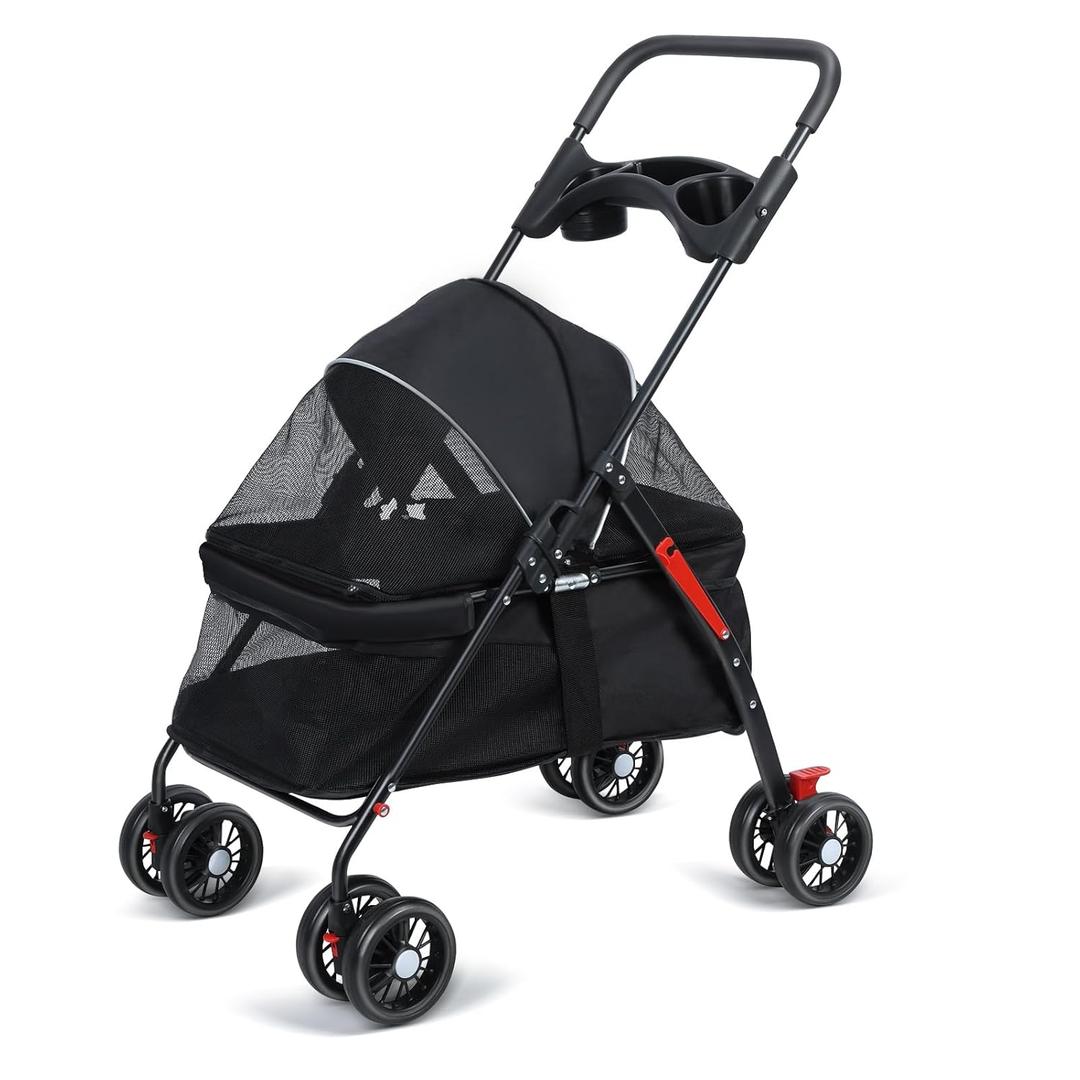 Pet Stroller with 4 Wheels,Foldable Dog Cat Cage Stroller with Cup Holder Breathable Mesh for Medium Small Dogs Cats 1 Set