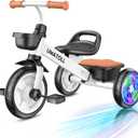 Umatoll Tricycle for Toddlers 2-5 Year Old, Ajustable Toddler Bike Outdoor Toys, Birthday Gift for Boy Girl Age 2-4, Trike with Light up Wheels (White)
