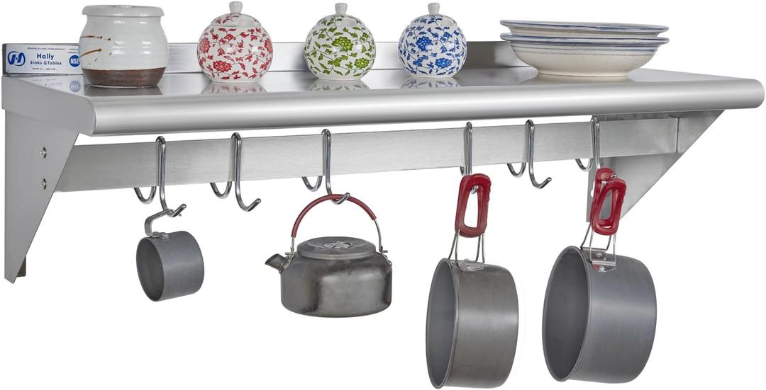 HALLY Stainless Steel Shelf with 6 Hooks 12" x 36" Wall Mounted Pot Rack, NSF Commercial Floating Shelving for Storage Hanging Pots, Pans, cookware in Restaurant, Kitchen, Home and Hotel