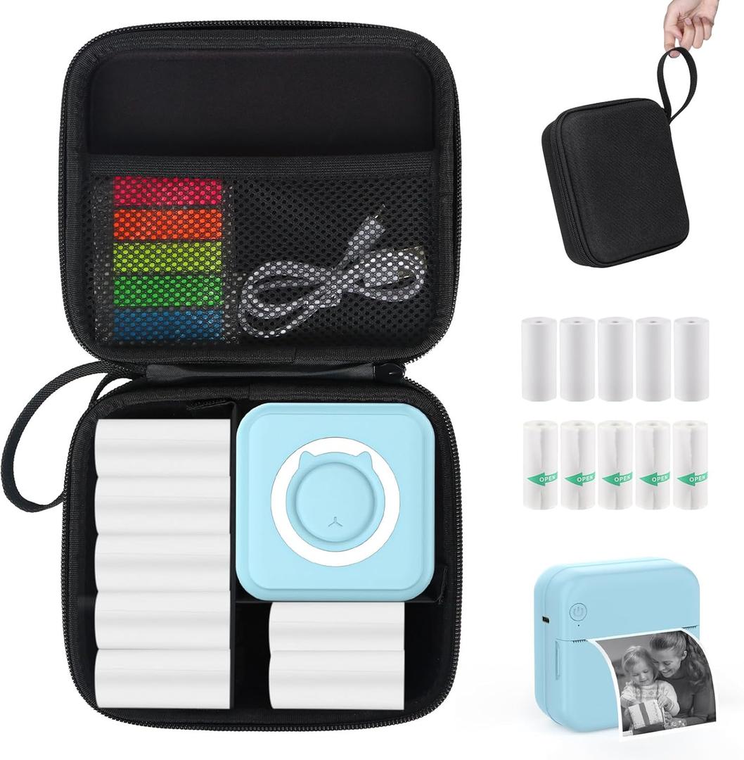 Blue Mini Pocket Printer with Black Case, Thermal Printers with 10 Rolls Thermal Paper, Portable Photo Printer for Travelling, Journal, Memo, Photo, Study Notes, Shopping Lists