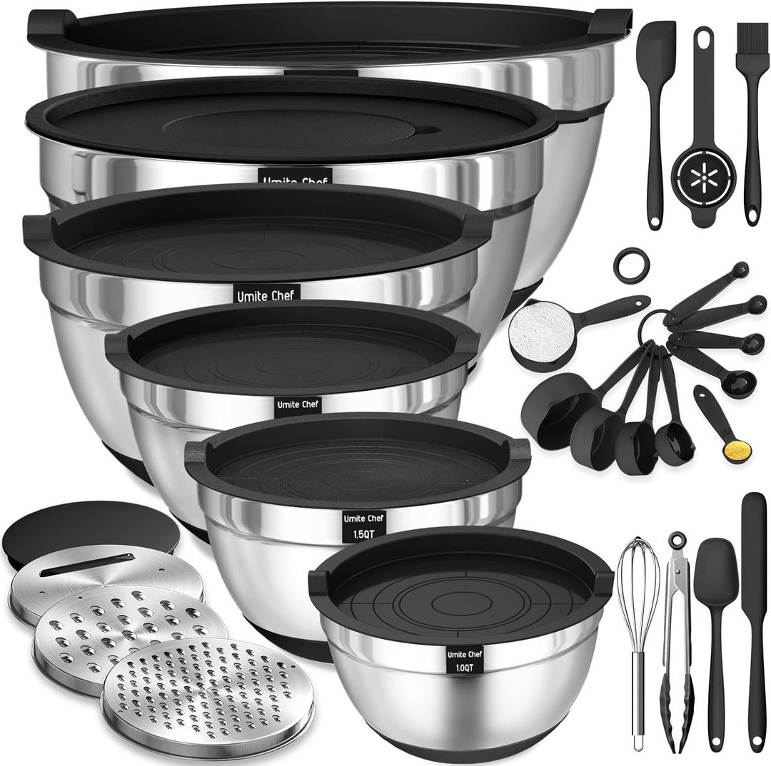 Umite Chef Mixing Bowls with Airtight Lids, 26Pcs Stainless Steel Bowls Set, 3 Grater Attachments & Black Non-Slip Bottoms Size 7, 4, 2.5, 2.0, 1.5, 1QT, Great for Mixing & Serving