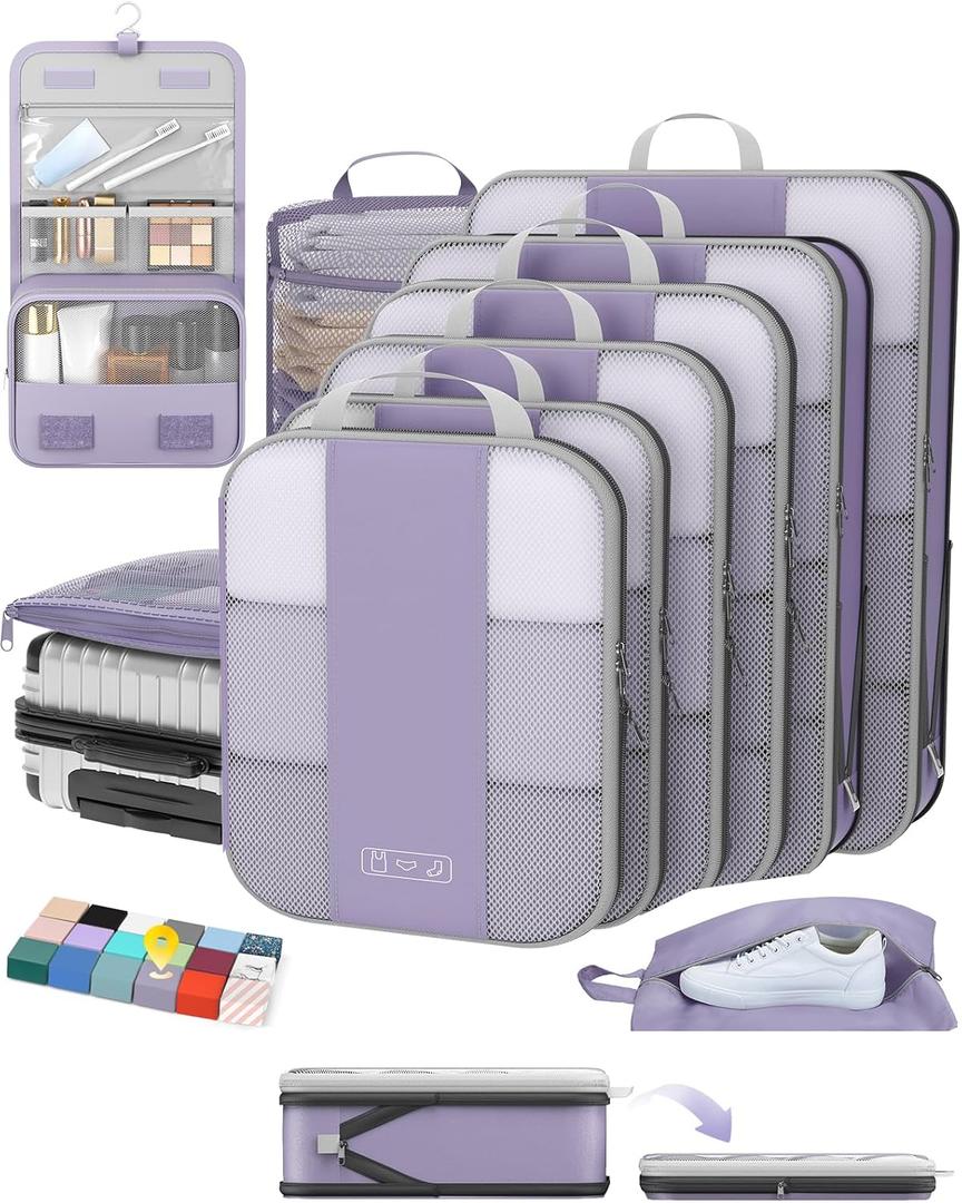 10 Set Compression Packing Cubes for Travel Essentials,Compressible Expandable Packing Cubes for Suitcase,OlarHike Luggage Organizer Bags for Travel,Handy Helper for Organizing Clothes(Purple Gray)