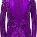 Men Stylish Satin Face Sequins Floral Pattern Suit Jacket Blazer (3X-Large, Purple)