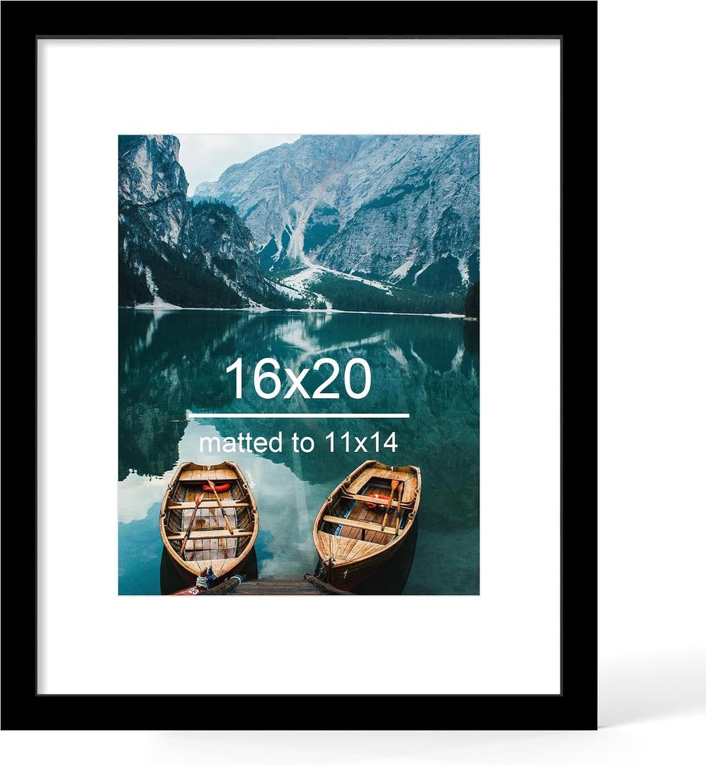 Hongkee 16x20 Frame, Black Wood Style - Display Posters 11 x 14 with Mat or 16x20 without Mat, Wall Mounting Horizontal and Vertical, 1 Pack