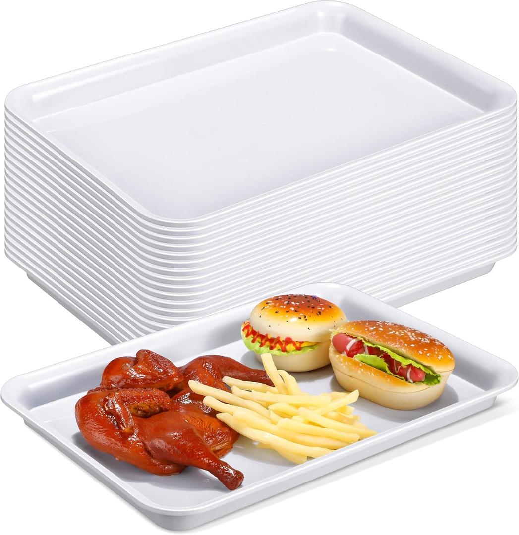 Ziliny 20 Pcs Plastic Serving Trays Bulk Plastic Serving Platters Reusable Rectangle Food Tray Stackable Party Trays for Dinner Snack Dessert in School Cafeteria(White,16 X 11)