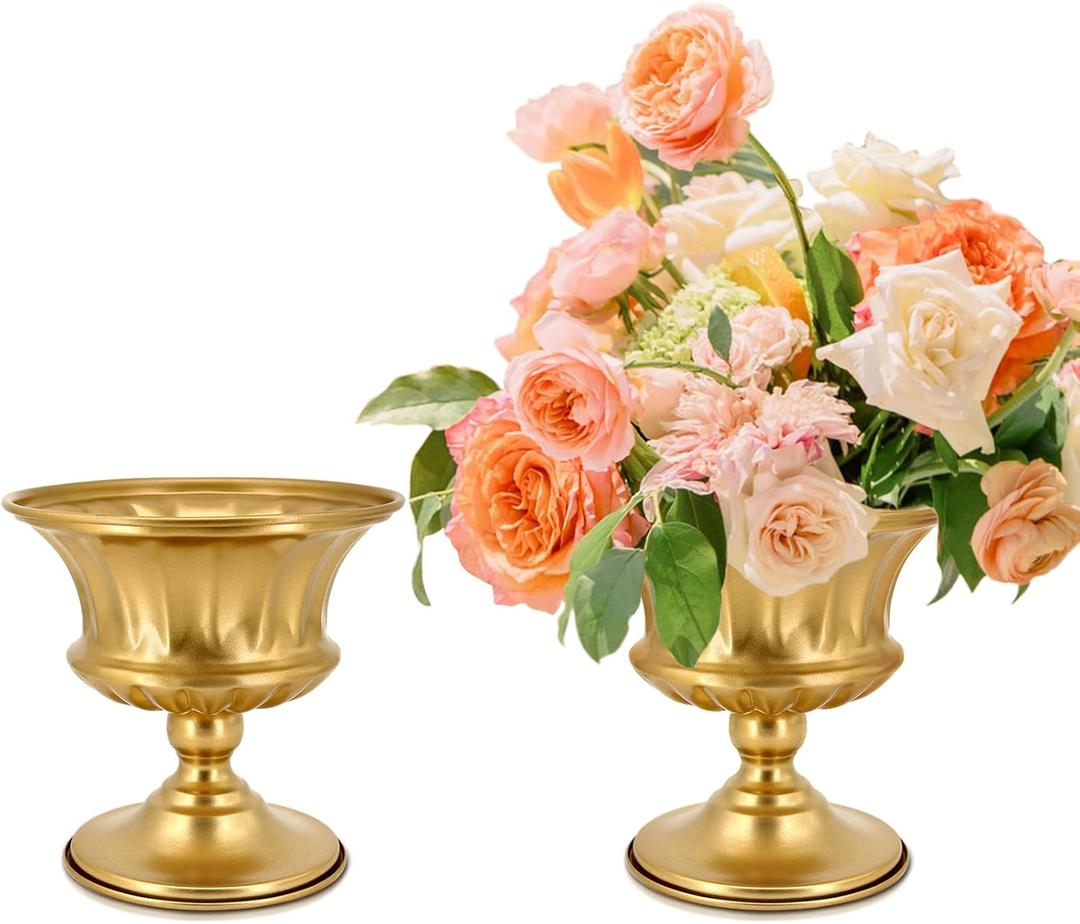 Gold Vase for Centerpieces Compote Bowl: Wedding Pedestal Vase 5.9 Inch Metal Flower Urn for Table Party Home Decor Set of 2